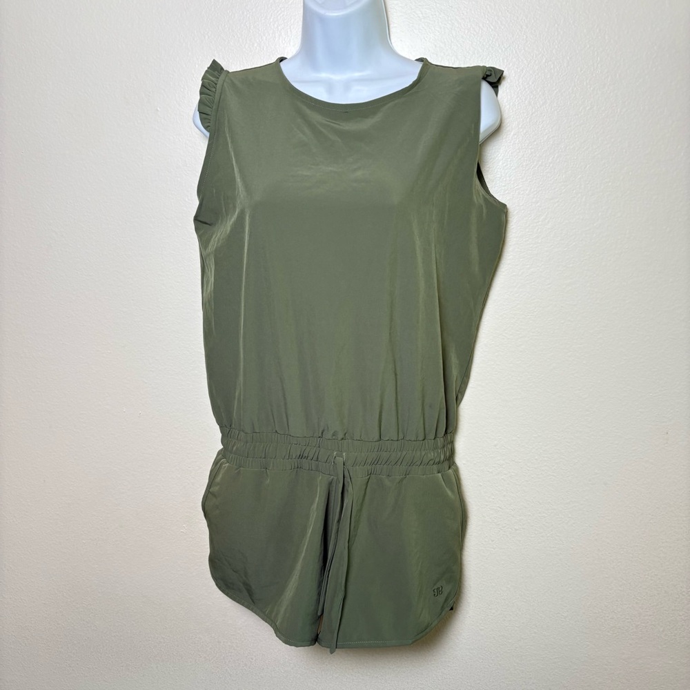 Albion Womens green  Romper Ruffle Cap Sleeve Drawstring Waist Shorts Small